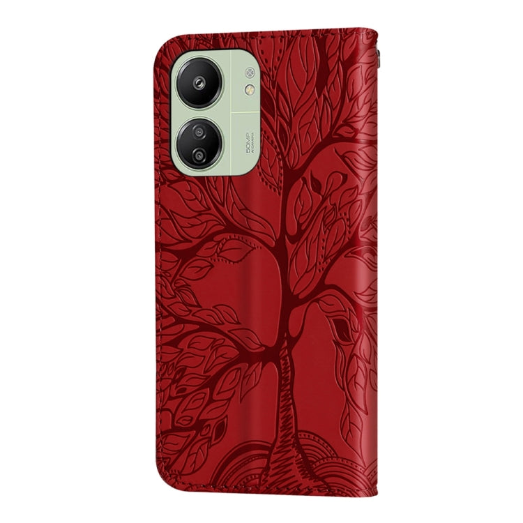 For Xiaomi Redmi 13C 4G / 5G Life Tree Embossing Pattern Leather Phone Case(Red) - 13C Cases by buy2fix | Online Shopping UK | buy2fix