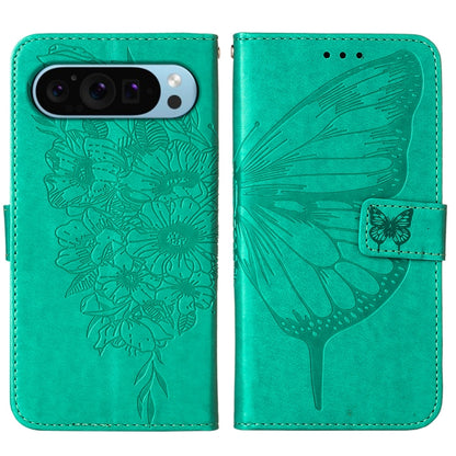 For Google Pixel 9 Embossed Butterfly Leather Phone Case(Green) - Google Cases by buy2fix | Online Shopping UK | buy2fix