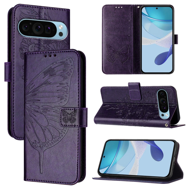 For Google Pixel 9 Pro XL Embossed Butterfly Leather Phone Case(Dark Purple) - Google Cases by buy2fix | Online Shopping UK | buy2fix