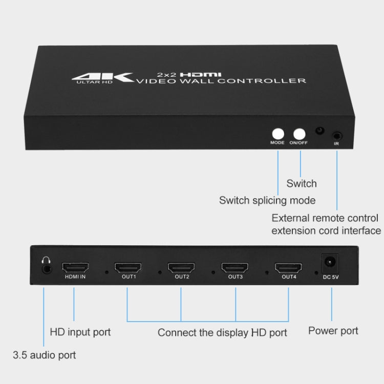 XP02 4K 2x2 HDMI Video Wall Controller Multi-screen Splicing Processor, Style:Ordinary(UK Plug) - Splitter by buy2fix | Online Shopping UK | buy2fix