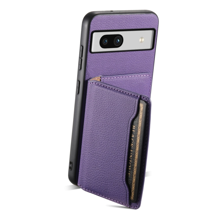 For Google Pixel 7a Calf Texture Card Bag Design Full Coverage Phone Case(Purple) - Google Cases by buy2fix | Online Shopping UK | buy2fix