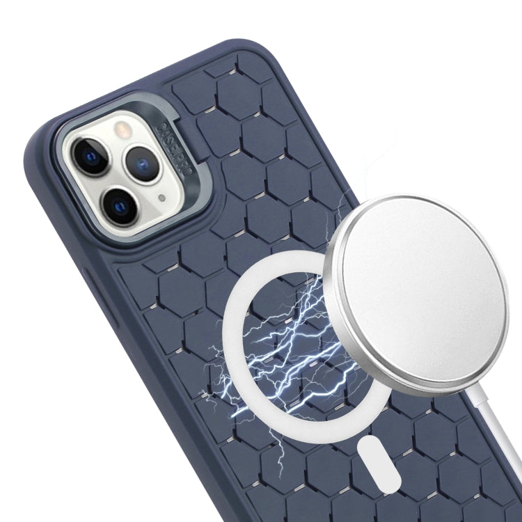 For iPhone 11 Pro Max Honeycomb Radiating Lens Holder Magsafe Phone Case with Lanyard(Blue) - iPhone 11 Pro Max Cases by buy2fix | Online Shopping UK | buy2fix