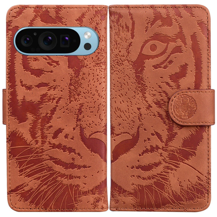 For Google Pixel 9 Tiger Embossing Pattern Flip Leather Phone Case(Brown) - Google Cases by buy2fix | Online Shopping UK | buy2fix