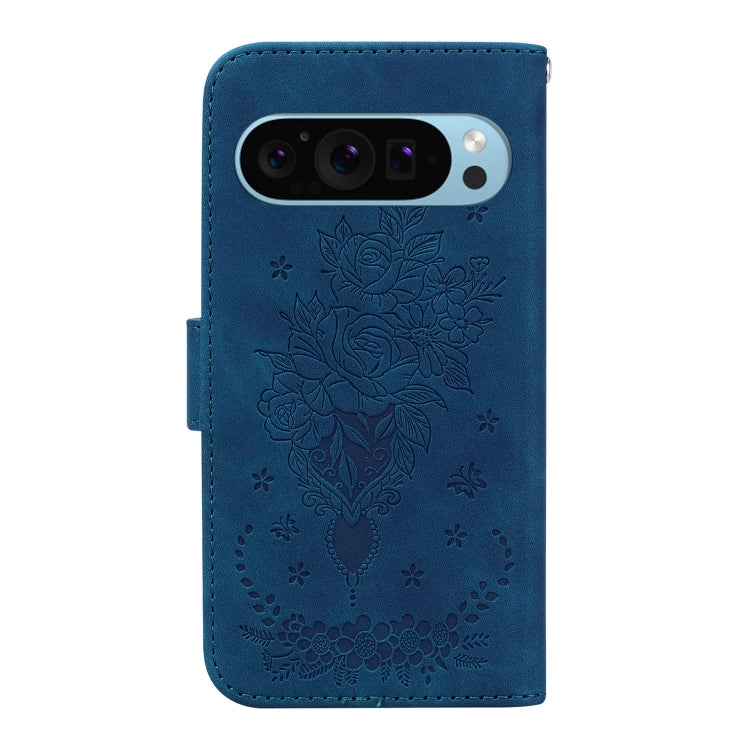 For Google Pixel 9 Pro Butterfly Rose Embossed Leather Phone Case(Blue) - Google Cases by buy2fix | Online Shopping UK | buy2fix