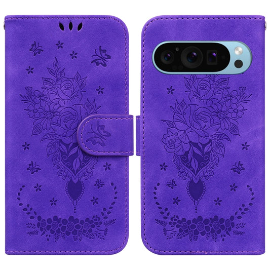 For Google Pixel 9 Pro Butterfly Rose Embossed Leather Phone Case(Purple) - Google Cases by buy2fix | Online Shopping UK | buy2fix