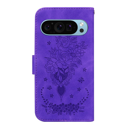 For Google Pixel 9 Butterfly Rose Embossed Leather Phone Case(Purple) - Google Cases by buy2fix | Online Shopping UK | buy2fix