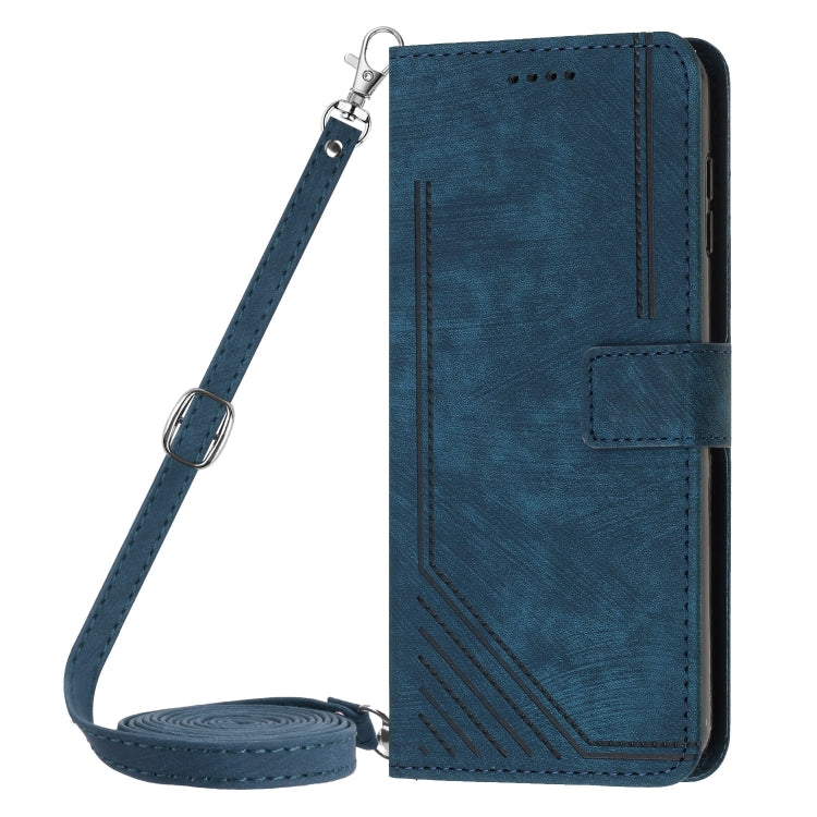 For OnePlus 13 Skin Feel Stripe Pattern Leather Phone Case with Lanyard(Blue) - OnePlus Cases by buy2fix | Online Shopping UK | buy2fix