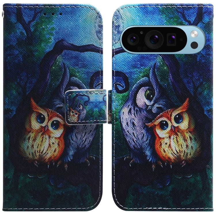 For Google Pixel 9 Coloured Drawing Flip Leather Phone Case(Oil Painting Owl) - Google Cases by buy2fix | Online Shopping UK | buy2fix