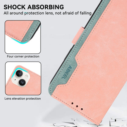 For iPhone 16 Plus ABEEL Color Block Magnetic RFID Leather Phone Case(Pink-Cyan) - iPhone 16 Plus Cases by buy2fix | Online Shopping UK | buy2fix