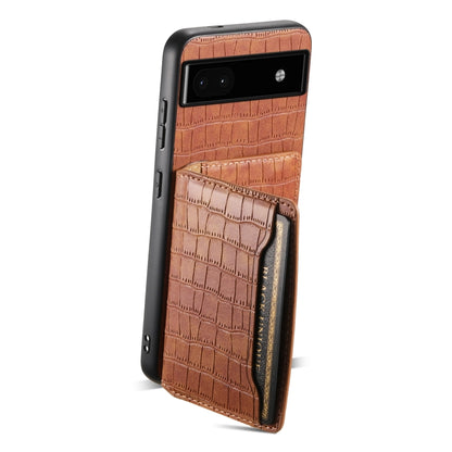 For Google Pixel 6a Crocodile Texture Card Bag Design Full Coverage Phone Case(Brown) - Google Cases by buy2fix | Online Shopping UK | buy2fix