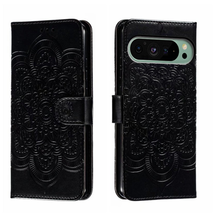 For Google Pixel 9 Sun Mandala Embossing Pattern Phone Leather Case(Black) - Google Cases by buy2fix | Online Shopping UK | buy2fix