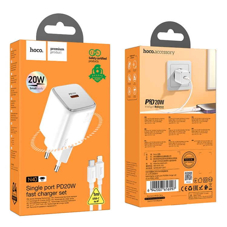 hoco N40 Mighty PD20W Single Type-C Port Charger with Type-C to 8 Pin Cable, EU Plug(White) - USB Charger by hoco | Online Shopping UK | buy2fix