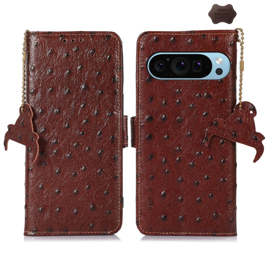 For Google Pixel 9 Ostrich Pattern Genuine Leather RFID Phone Case(Coffee) - Google Cases by buy2fix | Online Shopping UK | buy2fix