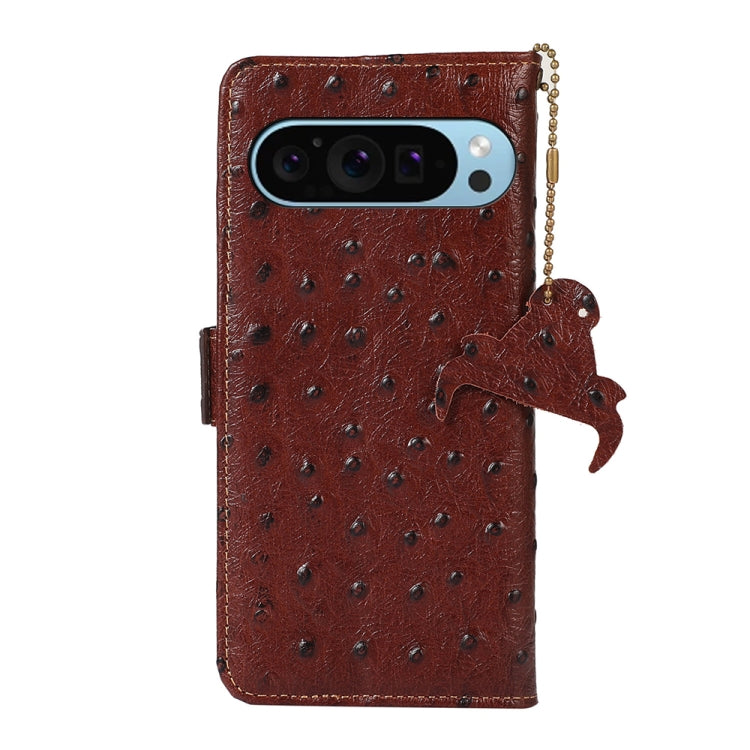 For Google Pixel 9 Ostrich Pattern Genuine Leather RFID Phone Case(Coffee) - Google Cases by buy2fix | Online Shopping UK | buy2fix