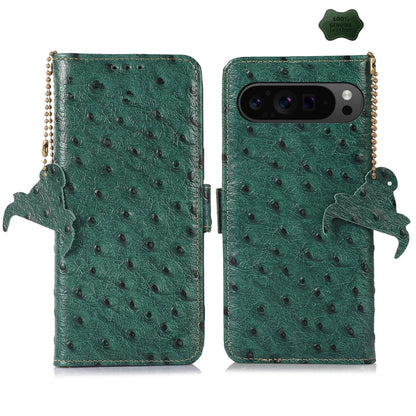 For Google Pixel 9 Pro Ostrich Pattern Genuine Leather RFID Phone Case(Green) - Google Cases by buy2fix | Online Shopping UK | buy2fix