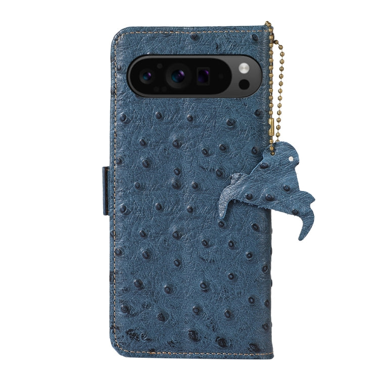 For Google Pixel 9 Pro Ostrich Pattern Genuine Leather RFID Phone Case(Blue) - Google Cases by buy2fix | Online Shopping UK | buy2fix