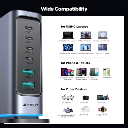 JOYROOM JR-TCM02 6 in 1 65W GaN 4 USB-C & 2 USB-A Multi-port Charger, Power Plug:EU Plug(Dark Gray) - Multifunction Charger by JOYROOM | Online Shopping UK | buy2fix