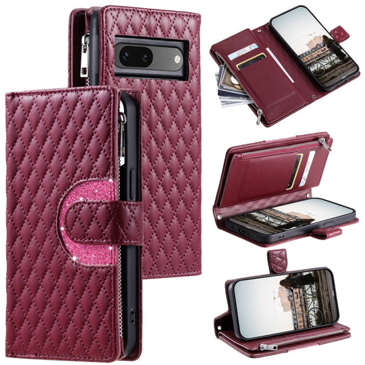 For Google Pixel 7 5G Glitter Lattice Zipper Wallet Leather Phone Case(Wine Red) - Google Cases by buy2fix | Online Shopping UK | buy2fix