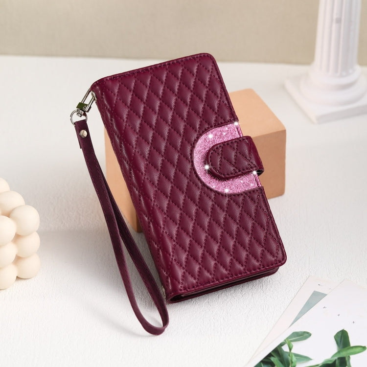 For Google Pixel 7 5G Glitter Lattice Zipper Wallet Leather Phone Case(Wine Red) - Google Cases by buy2fix | Online Shopping UK | buy2fix