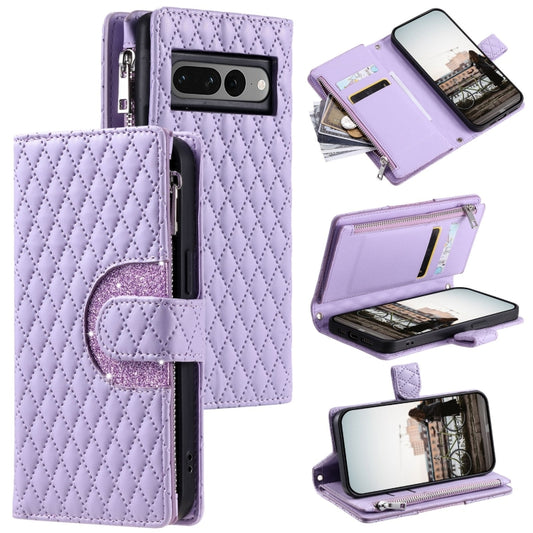 For Google Pixel 7 Pro 5G Glitter Lattice Zipper Wallet Leather Phone Case(Purple) - Google Cases by buy2fix | Online Shopping UK | buy2fix