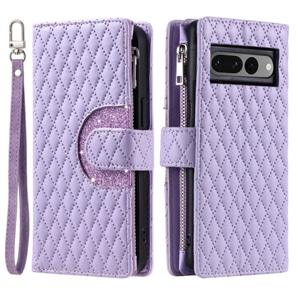 For Google Pixel 7 Pro 5G Glitter Lattice Zipper Wallet Leather Phone Case(Purple) - Google Cases by buy2fix | Online Shopping UK | buy2fix