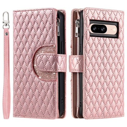 For Google Pixel 8 Glitter Lattice Zipper Wallet Leather Phone Case(Rose Gold) - Google Cases by buy2fix | Online Shopping UK | buy2fix