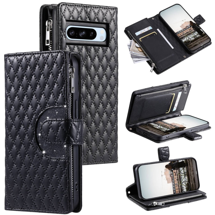 For Google Pixel 8 Pro Glitter Lattice Zipper Wallet Leather Phone Case(Black) - Google Cases by buy2fix | Online Shopping UK | buy2fix