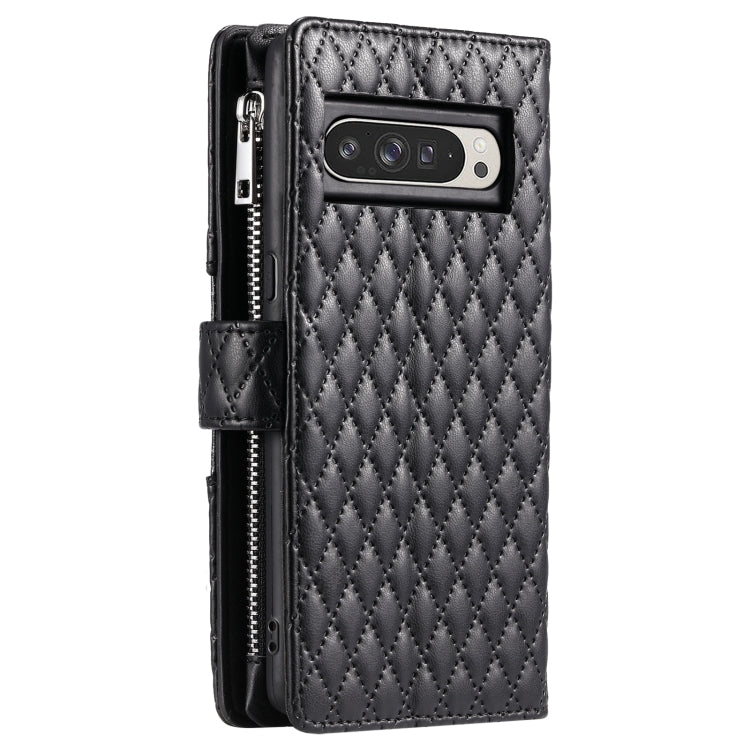 For Google Pixel 9 Pro XL Glitter Lattice Zipper Wallet Leather Phone Case(Black) - Google Cases by buy2fix | Online Shopping UK | buy2fix