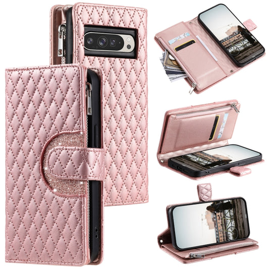 For Google Pixel 9 Pro XL Glitter Lattice Zipper Wallet Leather Phone Case(Rose Gold) - Google Cases by buy2fix | Online Shopping UK | buy2fix