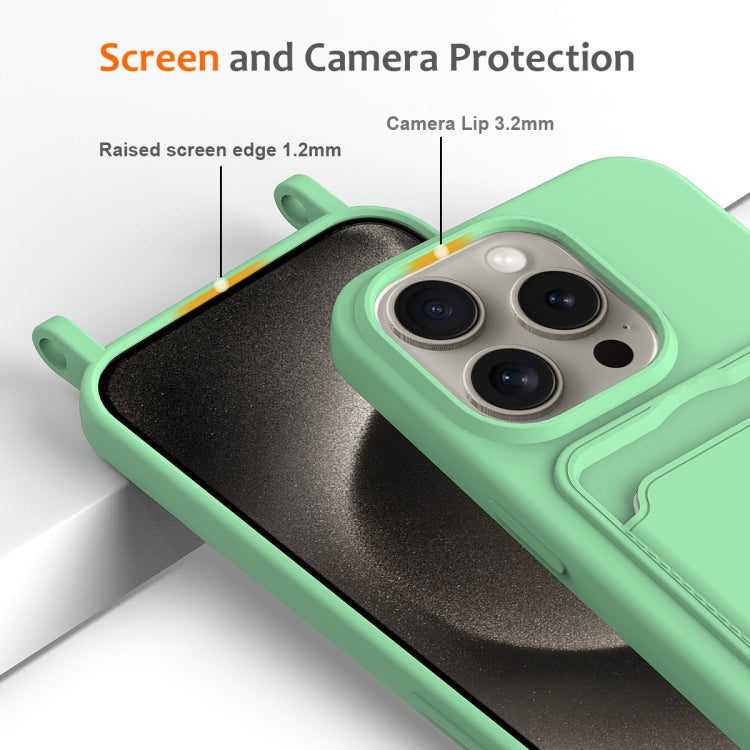 For iPhone 16 Pro Max Integrated Card Bag Solid Color Liquid Silicone Phone Case with Lanyard(Green) - iPhone 16 Pro Max Cases by buy2fix | Online Shopping UK | buy2fix