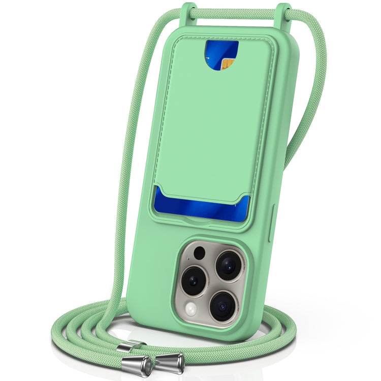 For iPhone 16 Pro Integrated Card Bag Solid Color Liquid Silicone Phone Case with Lanyard(Green) - iPhone 16 Pro Cases by buy2fix | Online Shopping UK | buy2fix