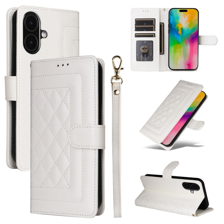 For iPhone 16 Diamond Lattice Leather Flip Phone Case(White) - iPhone 16 Cases by buy2fix | Online Shopping UK | buy2fix