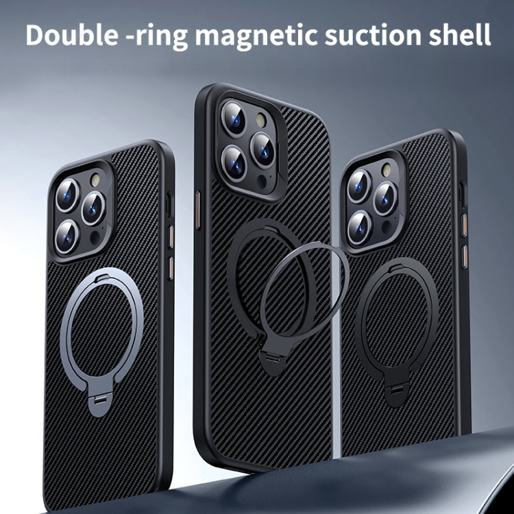 For iPhone 12 / 12 Pro Double Ring MagSafe Holder Carbon Fiber Phone Case(Silver) - iPhone 12 / 12 Pro Cases by buy2fix | Online Shopping UK | buy2fix