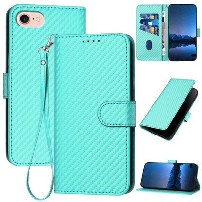 For iPhone SE 2024 YX0070 Carbon Fiber Buckle Leather Phone Case with Lanyard(Light Blue) - More iPhone Cases by buy2fix | Online Shopping UK | buy2fix