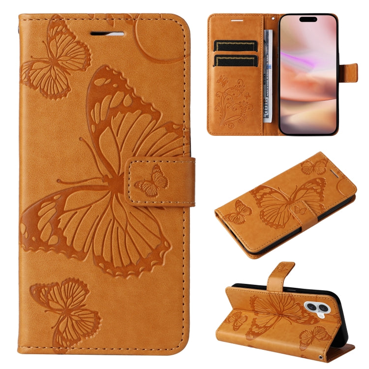 For iPhone 16 Plus 3D Butterfly Embossed Pattern Flip Leather Phone Case(Yellow) - iPhone 16 Plus Cases by buy2fix | Online Shopping UK | buy2fix