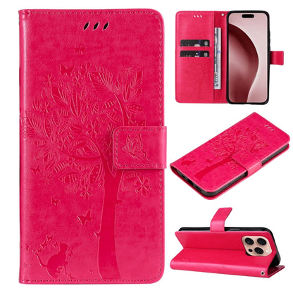 For iPhone 16 Pro Tree & Cat Embossed Pattern Flip Leather Phone Case(Rose Red) - iPhone 16 Pro Cases by buy2fix | Online Shopping UK | buy2fix