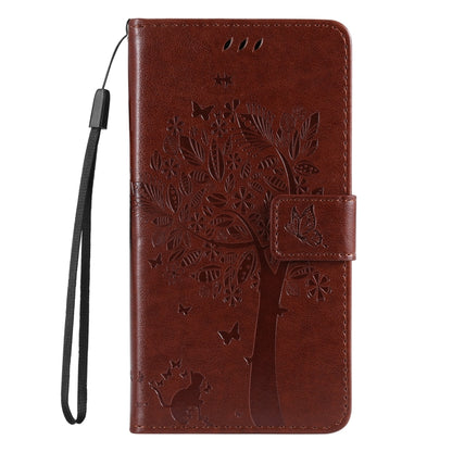 For iPhone 16 Plus Tree & Cat Embossed Pattern Flip Leather Phone Case(Coffee) - iPhone 16 Plus Cases by buy2fix | Online Shopping UK | buy2fix