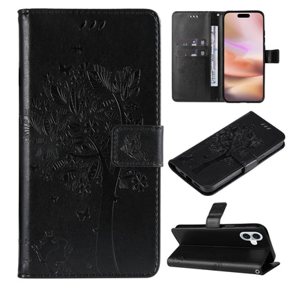 For iPhone 16 Plus Tree & Cat Embossed Pattern Flip Leather Phone Case(Black) - iPhone 16 Plus Cases by buy2fix | Online Shopping UK | buy2fix