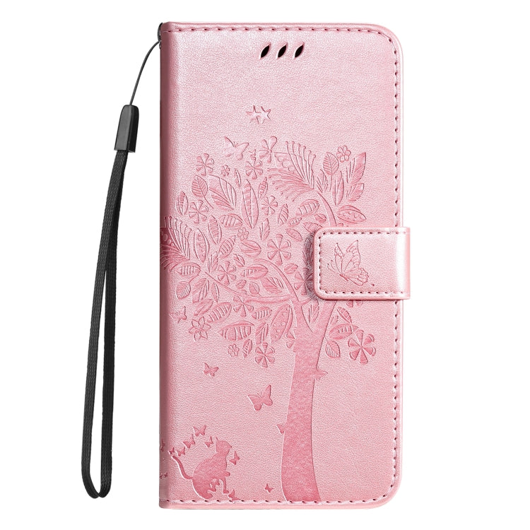 For iPhone 16 Plus Tree & Cat Embossed Pattern Flip Leather Phone Case(Rose Gold) - iPhone 16 Plus Cases by buy2fix | Online Shopping UK | buy2fix