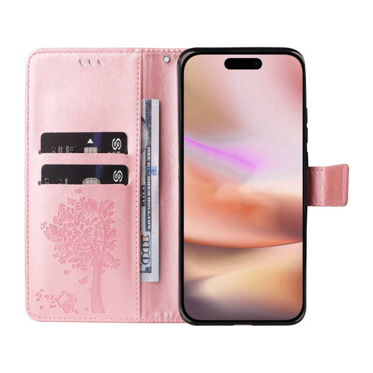 For iPhone 16 Plus Tree & Cat Embossed Pattern Flip Leather Phone Case(Rose Gold) - iPhone 16 Plus Cases by buy2fix | Online Shopping UK | buy2fix