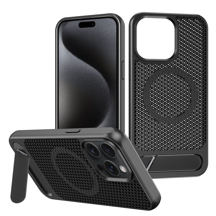 For iPhone 15 Pro Max Honeycomb Cooling MagSafe Phone Case with Invisible Holder(Black) - iPhone 15 Pro Max Cases by buy2fix | Online Shopping UK | buy2fix