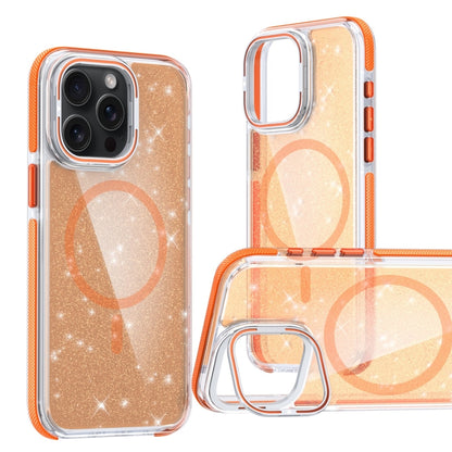 For iPhone 15 Pro Max Two-color Glitter Powder Lens Holder Magsafe Phone Case(Orange) - iPhone 15 Pro Max Cases by buy2fix | Online Shopping UK | buy2fix