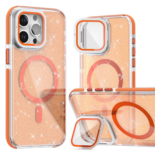 For iPhone 16 Pro Two-color Glitter Powder Lens Holder Magsafe Phone Case(Orange) - iPhone 16 Pro Cases by buy2fix | Online Shopping UK | buy2fix