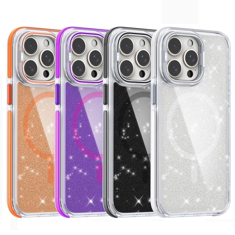 For iPhone 16 Plus Two-color Glitter Powder Lens Holder Magsafe Phone Case(White) - iPhone 16 Plus Cases by buy2fix | Online Shopping UK | buy2fix