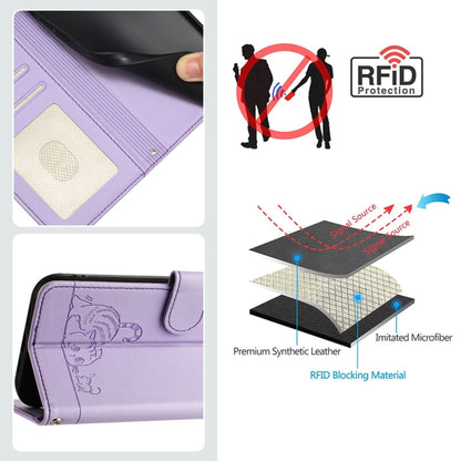 For OnePlus 12 5G Global Cat Rat Embossed Pattern RFID Leather Phone Case with Lanyard(Purple) - OnePlus Cases by buy2fix | Online Shopping UK | buy2fix