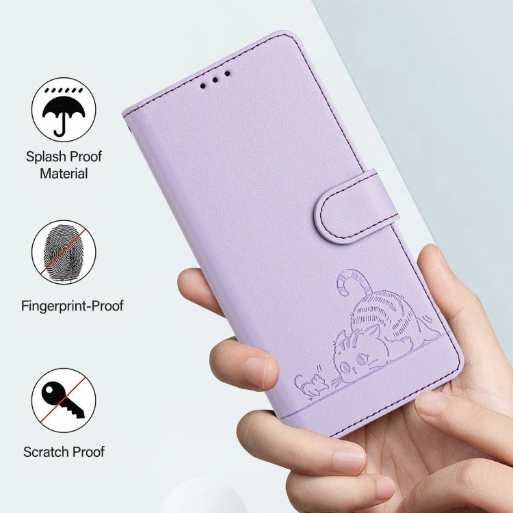 For OnePlus 12 5G Global Cat Rat Embossed Pattern RFID Leather Phone Case with Lanyard(Purple) - OnePlus Cases by buy2fix | Online Shopping UK | buy2fix