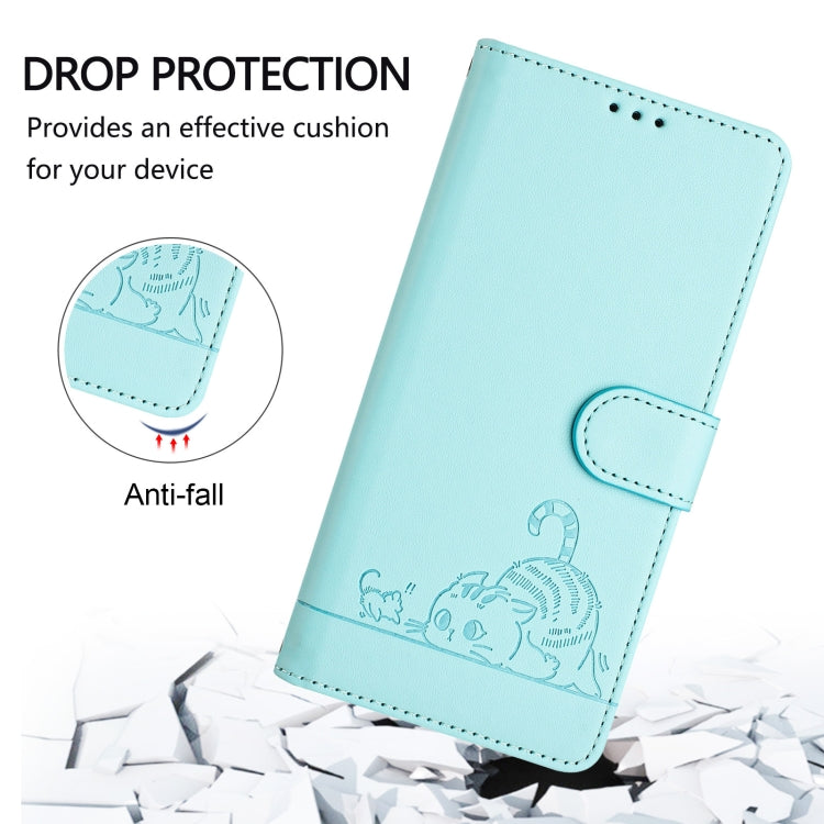 For OnePlus 11 Cat Rat Embossed Pattern RFID Leather Phone Case with Lanyard(Mint Green) - OnePlus Cases by buy2fix | Online Shopping UK | buy2fix