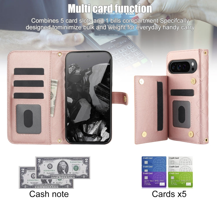 For Google Pixel 9 Crossbody Multifunction Rhombic Leather Phone Case(Rose Gold) - Google Cases by buy2fix | Online Shopping UK | buy2fix