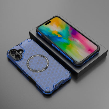 For iPhone 16 Plus Honeycomb Magnetic Ring Shockproof Phone Case(Blue) - iPhone 16 Plus Cases by buy2fix | Online Shopping UK | buy2fix