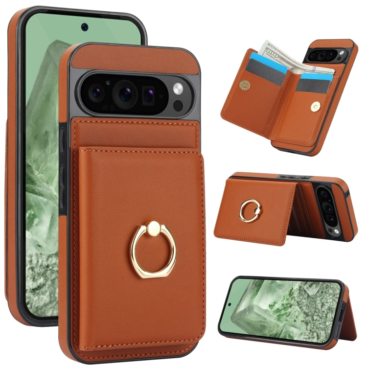 For Google Pixel 9 RFID Anti-theft Card Ring Holder Phone Case(Brown) - Google Cases by buy2fix | Online Shopping UK | buy2fix